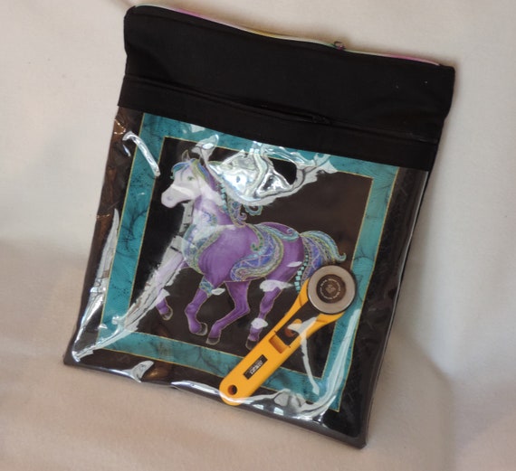clear window project bag, clear pocket bag, craft storage bag, horse lover project bag, packing organizer, cross stitch organizer