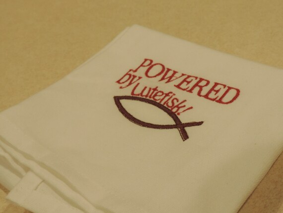 Lutefisk Towel, Powered by Lutefisk, Norwegian gifts, gift for Swedes, Scandinavian gift, swedish hostess gift, Minnesota gift