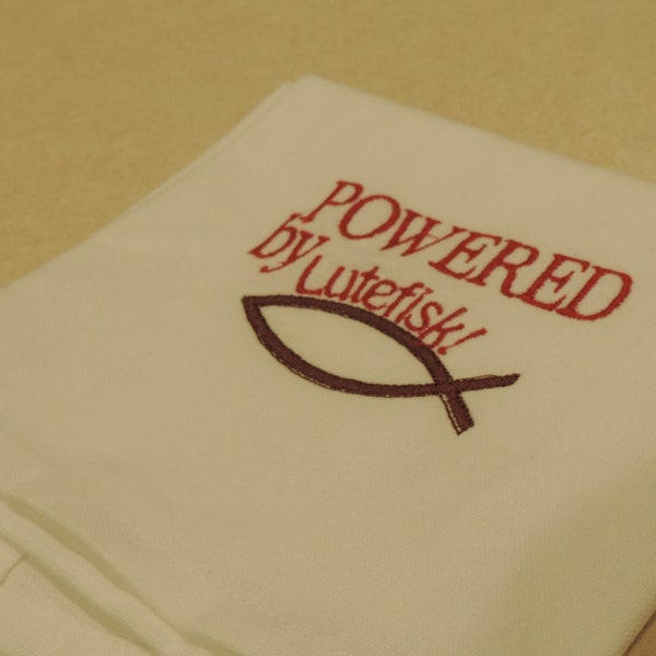 Lutefisk Towel, Powered by Lutefisk, Norwegian gifts, gift for Swedes, Scandinavian gift, swedish hostess gift, Minnesota gift