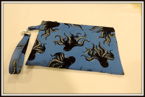 octopus handbag clutch, ocean lover clutch, squid wristlet, tossed octopus bag, bluebird octopus clutch