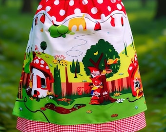 Gnome Fairy Tale Half Apron, Whimsical Storybook Kitchen Apron with Red Polka Dot Ties, Handmade retro style, one of a kind, Cotton