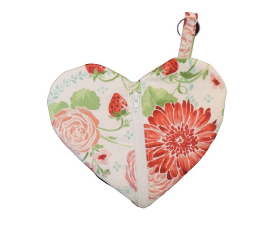heart shaped pouch, strawberry rose pouch, pink floral coin purse, valentine gift for her, edc, every day carry, thinking of you gift