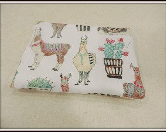 llama print cosmetic bag, cactus pouch, Two pocket purse, padded pocket pouch, padded phone pouch, two pocket cosmetic bag,