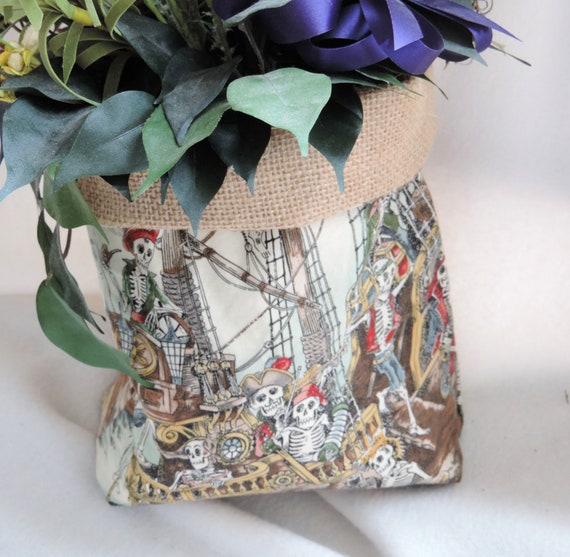 skeleton plant cover, burlap plant cover, dancing skeleton plant cover, day of the dead slouchy basket, scallywag basket, skeleton basket,