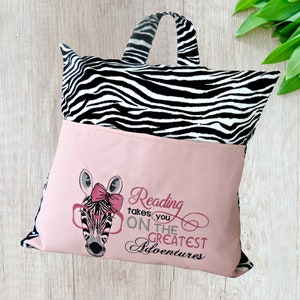 reading takes you everywhere pink zebra book pillow with pocket, kindergarten graduation gifts for girls, cute book pocket pillow, reading