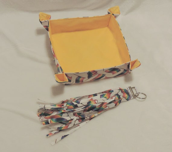 rainbow flag bin, LGBTQ gift, rainbow flag tassel keychain, pride basket, pride desk organizer,