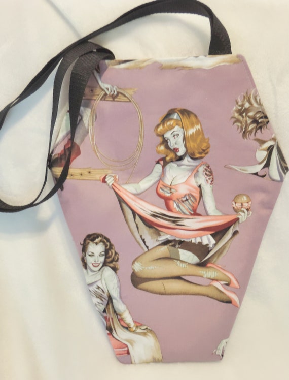 coffin bag, sexy zombie horror coffin bag, goth purse, coffin purse, shaped casket bag, zombie bag, sexy pin up bag, halloween party bag