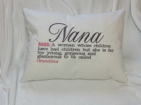 Nana definition pillow too young and glamorous to be called grandma pillow, pregnancy reveal gift, grandmother gift throw pillow