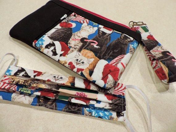 Holiday cat clutch, christmas kitty clutch, cat wristlet, double zip pouch, cat face mask, holiday face mask, cat purse organizer
