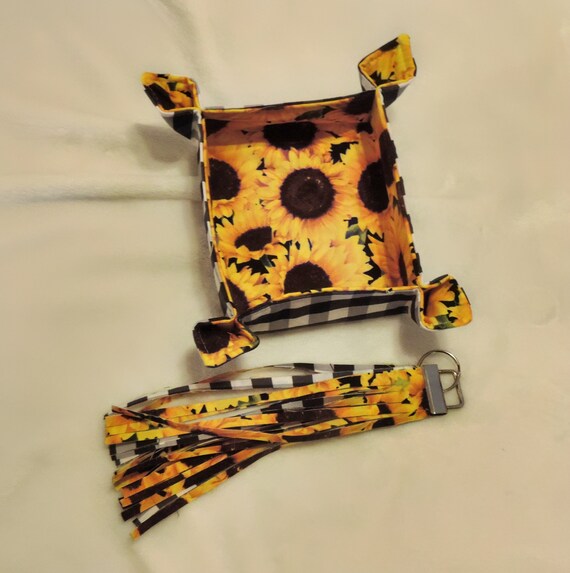 sunflower fabric bin, buffalo plaid trinket dish, sunflower decorative tray, sunflower desk organizer, catch all tray, fabric valet tray,