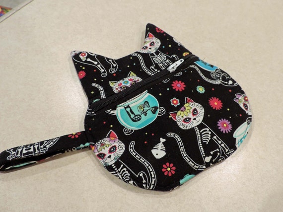 cat pouch, cat Keychain Coin Pouch, Cat skeleton bag, day of the dead cat bag, Cat bag, cat coin purse, cat purse charm, cat lover gift