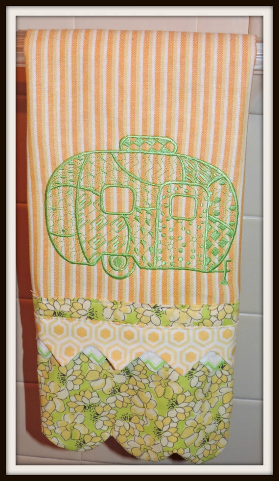 Glamper Airstream towel, glamper towel, Camper themed embellished towel, Glamping towel, green and yellow towel, retro camping towel,