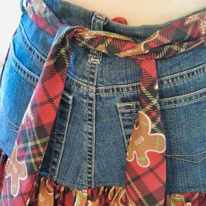 Holiday Denim Hostess Apron, Upcycled Jeans, Red Plaid Christmas, Sustainable Fashion, Eco-Friendly Kitchen Accessory, Holiday Gift image 8