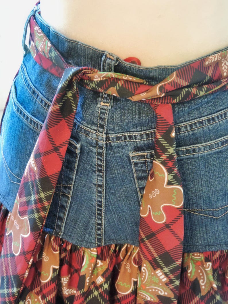 Holiday Denim Hostess Apron, Upcycled Jeans, Red Plaid Christmas, Sustainable Fashion, Eco-Friendly Kitchen Accessory, Holiday Gift image 8