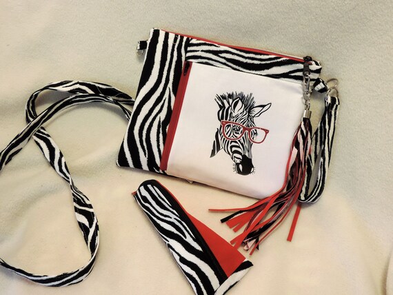 zebra clutch, zebra crossbody bag, zebra sunglass case, zebra in sunglasses, glitter clutch, zebra wristlet, red glitter zebra bag