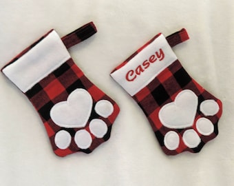 personalized paw print stocking, buffalo plaid pet stocking, stocking for cat, stocking for dog
