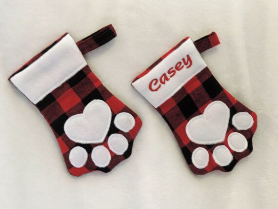 personalized paw print stocking, buffalo plaid pet stocking, stocking for cat, stocking for dog