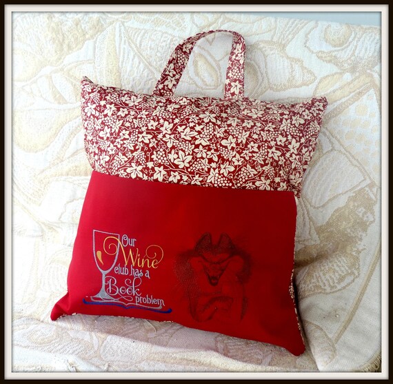 book club pillow, reading pocket pillow, wine lover pillow, book club reading cushion, wine lover gift, reading gift, book lover gift