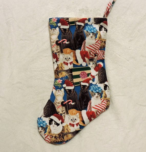 Cat holiday stocking, Unique Christmas Stocking, crazy cat lady stocking, cat lover gift, cats in hats stocking, gift for cat lover