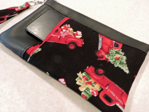 Holiday red truck clutch, christmas truck clutch, Christmas tree wristlet, double zip pouch, holiday purse organizer, snowflake clutch