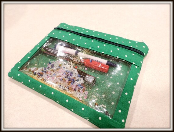 Clear pocket pouch, vinyl pocket pouch, polka dot pouch, double zip bag, cosmetic bag, teacher gift, pencil pouch, glitter bag