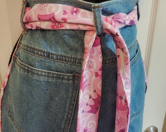 Stylish Upcycled Denim Apron Eco-Friendly Blue Jeans Recycled Kitchen Accessory, cute pink princess denim apron, repurposed jeans apron,