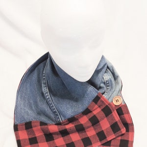 upcycled denim neck warmer, recycled jeans scarf, buffalo plaid and denim scarf, flannel and denim scarf, boho denim scarf