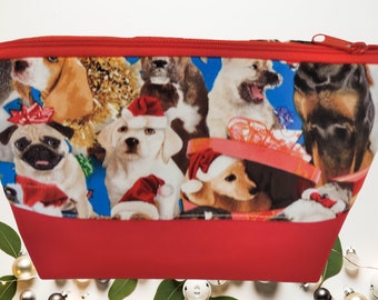 Unique Christmas toiletry bag, holiday dogs in hats, christmas dog cosmetic bag, unique gift for women, dog lover gift, gift for groomer