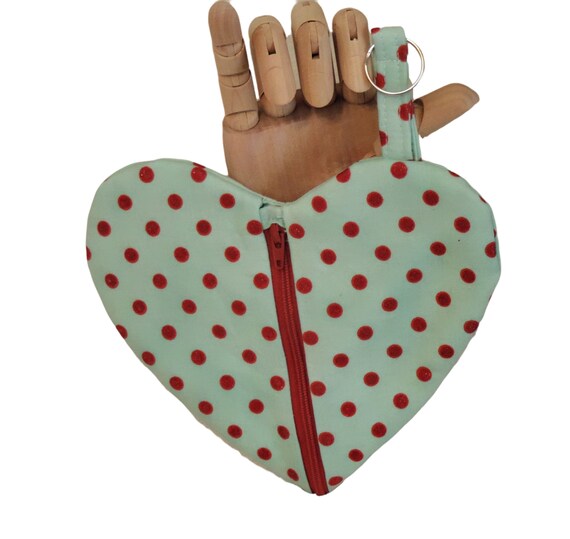 heart shaped pouch, polka dot pouch, heart coin purse, valentine gift for her, edc, every day carry, thinking of you gift