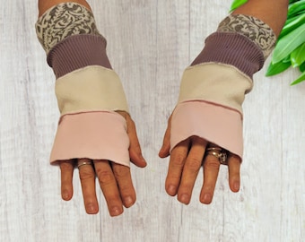 cozy fingerless gloves from upcycled clothing, eco friendly unique handwarmers from recycled fabric, upcycled reading gloves, pink gloves