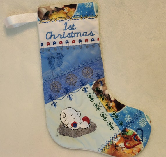quilted holiday stocking for baby boy, first christmas stocking, baby boy Christmas stocking, embroidered boy christmas stocking,