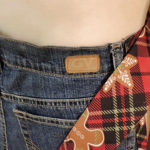 Holiday Denim Hostess Apron, Upcycled Jeans, Red Plaid Christmas, Sustainable Fashion, Eco-Friendly Kitchen Accessory, Holiday Gift image 3
