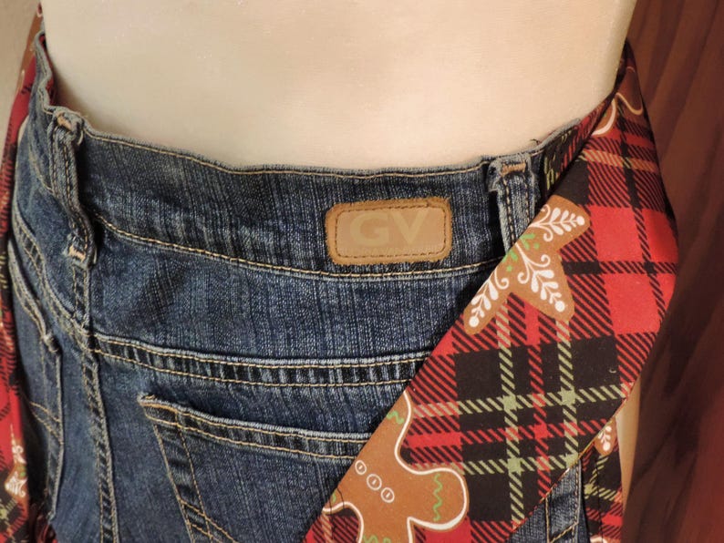 Holiday Denim Hostess Apron, Upcycled Jeans, Red Plaid Christmas, Sustainable Fashion, Eco-Friendly Kitchen Accessory, Holiday Gift image 3