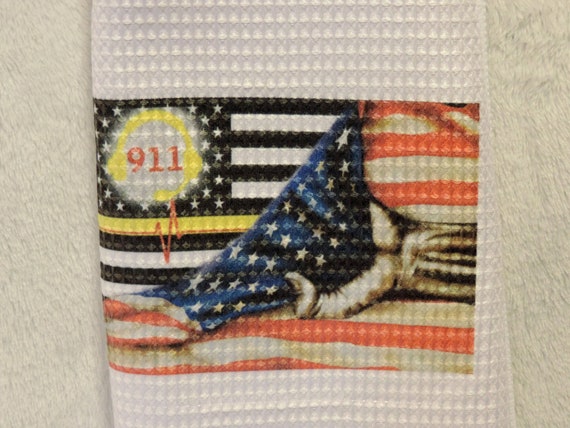 911 dispatcher kitchen towel, law enforcement appreciation gift, yellow thin line