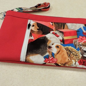Embrague de perro de vacaciones, embrague de perro de navidad, pulsera de perro, bolsa de cremallera doble, regalo amante del perro, perros en las luces, organizador del bolso del perro
