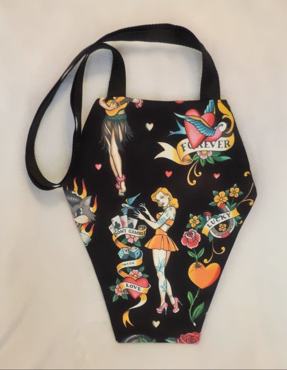 coffin purse, sexy tattoo horror coffin bag, goth purse, vampire bag, shaped casket bag, zombie bag, sexy pin up bag, halloween party bag