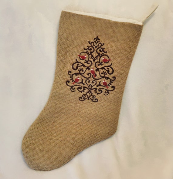 burlap embroidered Christmas stocking, embroidered cardinal stocking, unique Christmas stocking