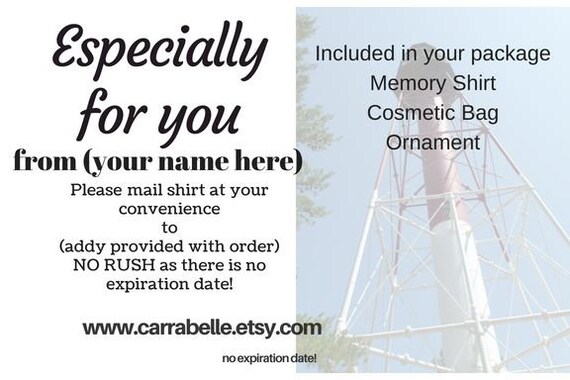 Memory Shirt gift card, Memory shirt certificate, Holiday gift card, Gift for her, Gift for him, Memory gift card, Memory shirts, Grief Gift