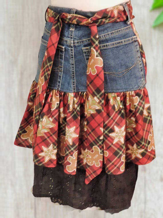 Holiday Denim Hostess Apron, Upcycled Jeans, Red Plaid Christmas, Sustainable Fashion, Eco-Friendly Kitchen Accessory, Holiday Gift