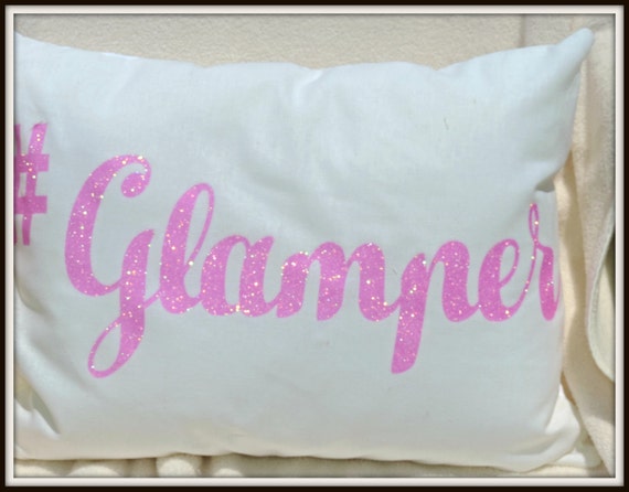 Hashtag Glamper Pillow, pink sparkly pillow, happy camper decor, glamping decor, glamper pillow, sparkly pink camping decor, glitter pink