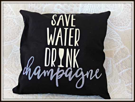 save water drink champagne, black and gold pillow, gold shiny pillow, champagne lover pillow, glitter and gold pillow, glamper pillow