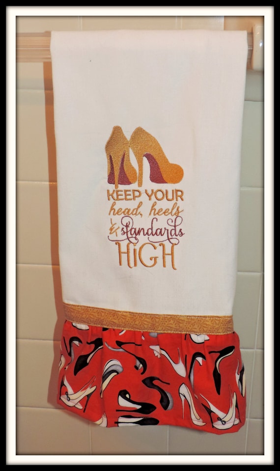 Keep your heels and your standards high, red bottom shoe towel, embellished kitchen towel, shoe lover towel