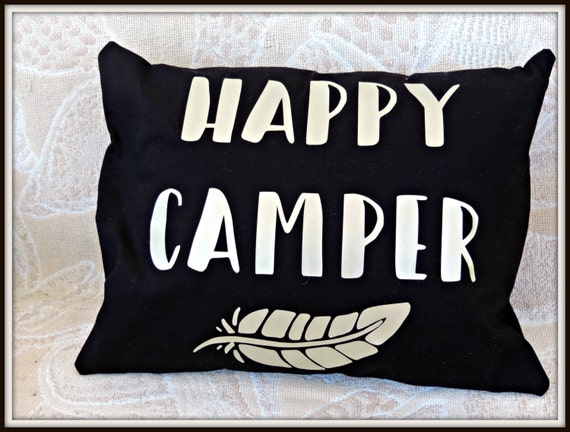 Happy Camper pillow, camping decor, happy glamper, glamper decor, rv decor, motorhome decor, retirement gift, gold shiny pillow