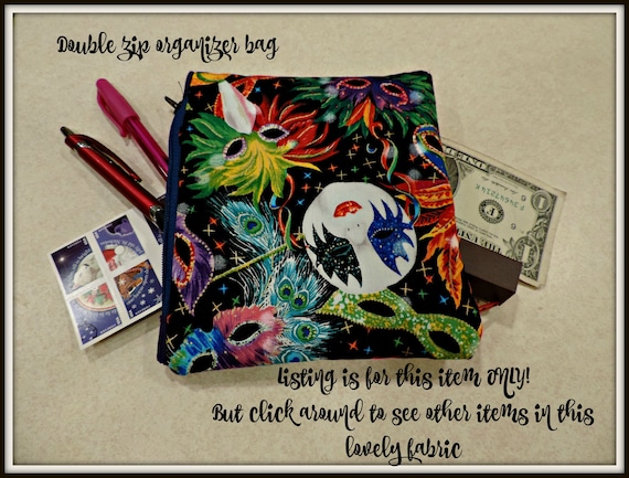 Mardi Gras organizer bag, Fat Tuesday pouch, Two pocket purse organizer, two pocket pouch, two pocket cosmetic bag, two pocket coin purse