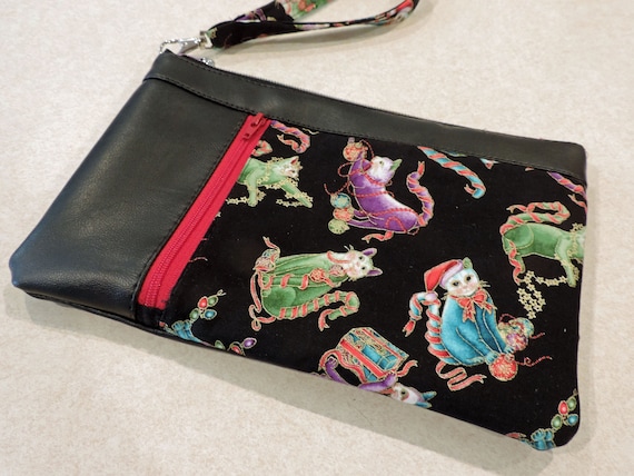 Holiday cat clutch, christmas kitty clutch, cat wristlet, double zip pouch, cat lover gift, cats in lights, cat purse organizer