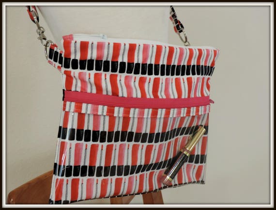 clear pocket bag, lipgloss print crossbody bag, lipstick lipgloss bag, lipstick rep bag, direct sales purse, catalogue display purse