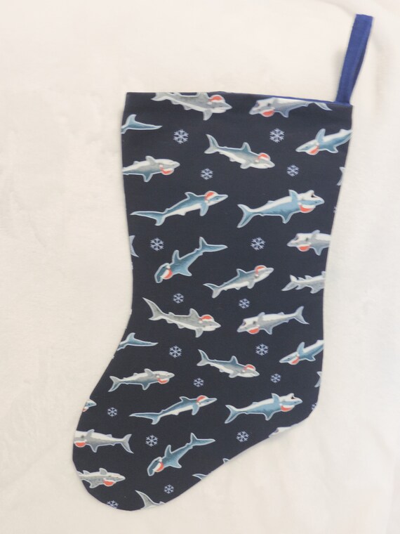 holiday shark Christmas stocking, unique Christmas stocking, shark lover gift, sharks in hat stocking