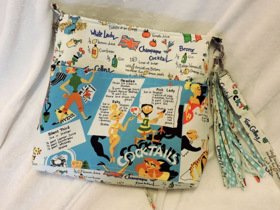 Happy hour bag, cocktail bag, kitschy cocktails crossbody, retro cocktail purse, retro cocktail fabric, vintage cocktail