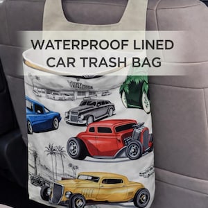 Vintage car waterproof lined Car Trash Bag, Hanging Backseat Car Trash Can, Retro chopped + channeled Auto Organizer, Headrest Car Accessory