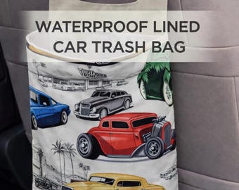 Vintage car waterproof lined Car Trash Bag, Hanging Backseat Car Trash Can, Retro chopped + channeled Auto Organizer, Headrest Car Accessory
